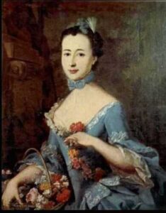 Painting of Charlotte in a blue dress with white lace around the neckline. She wears a matching blue bow around her neck, holds a handful of flowers, and cradles a basket of flowers in the other hand. 